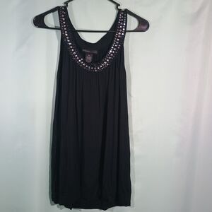 Black Sleeveless Top Beaded Neckline Tank Blouse Dressy Casual Shirt